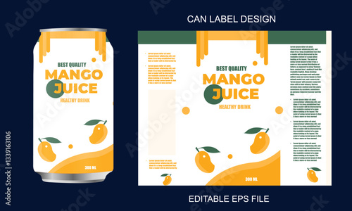 Mango juice label design Soda can label mango drink label editable vector eps. soft drink label design, fruit juice can label design.