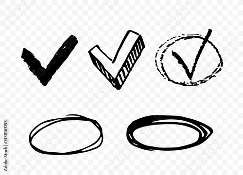Hand-drawn black checkmarks and circles in different sketch styles on a transparent background. Concept of selection, approval, and marking. Vector illustration
