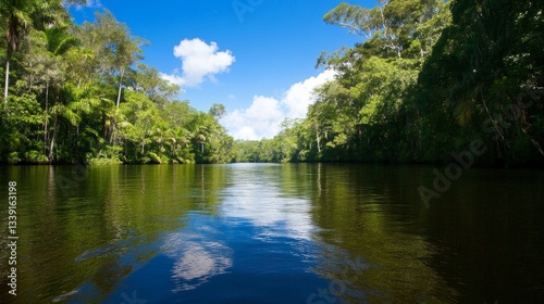 Serene river winding through lush green rainforest under a bright blue sky