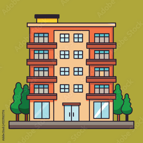 Apartment building vector with trees and windows, A vector illustration of an apartment building with multiple windows and trees on a green background.
