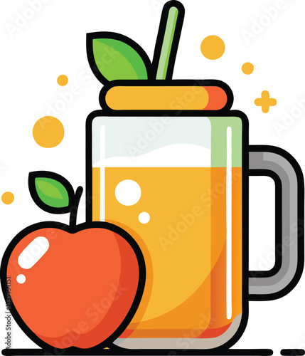 Fresh Apple Juice Vector Illustration, A vibrant vector illustration of a glass of fresh apple juice with a sliced apple and a straw, symbolizing health and refreshment.
