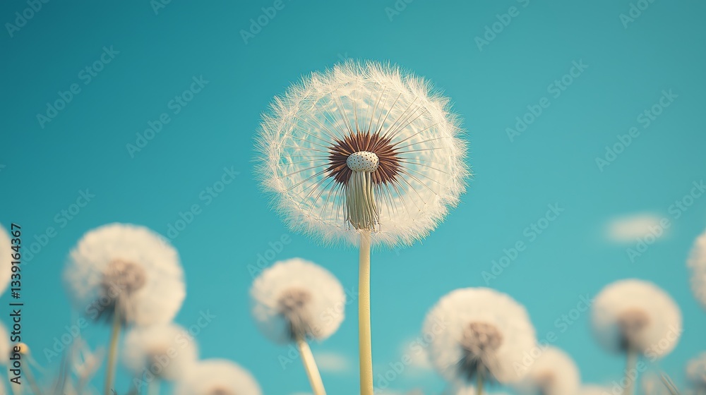 Obraz premium Dandelion with seeds drifting in wind against bright blue sky with clouds. Concept: dandelion with seeds embodies peacefulness and serenity in nature's beauty.