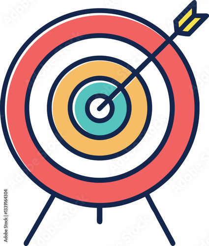 Target with Arrow Hitting Bullseye Vector Illustration, A colorful vector illustration of a target with an arrow striking the bullseye, symbolizing precision and success.
