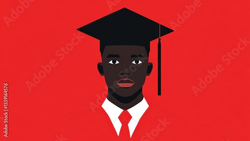 Graduation celebration featuring a young man in a cap and gown against a vibrant red background