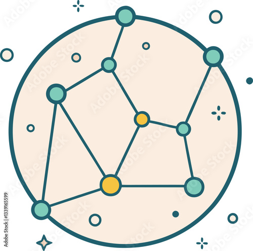 Geometric Network Diagram Vector Illustration, A modern vector illustration of a geometric network diagram with interconnected nodes and lines forming a circular pattern.
