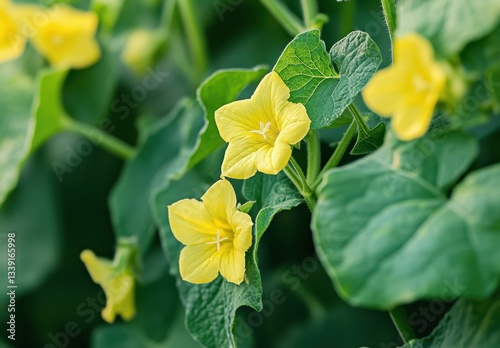 Delicate Yellow Flowers Blooming Amidst Lush Green Leaves in a Vibrant Garden During Late Spring Season Displaying Natural Beauty and Serenity