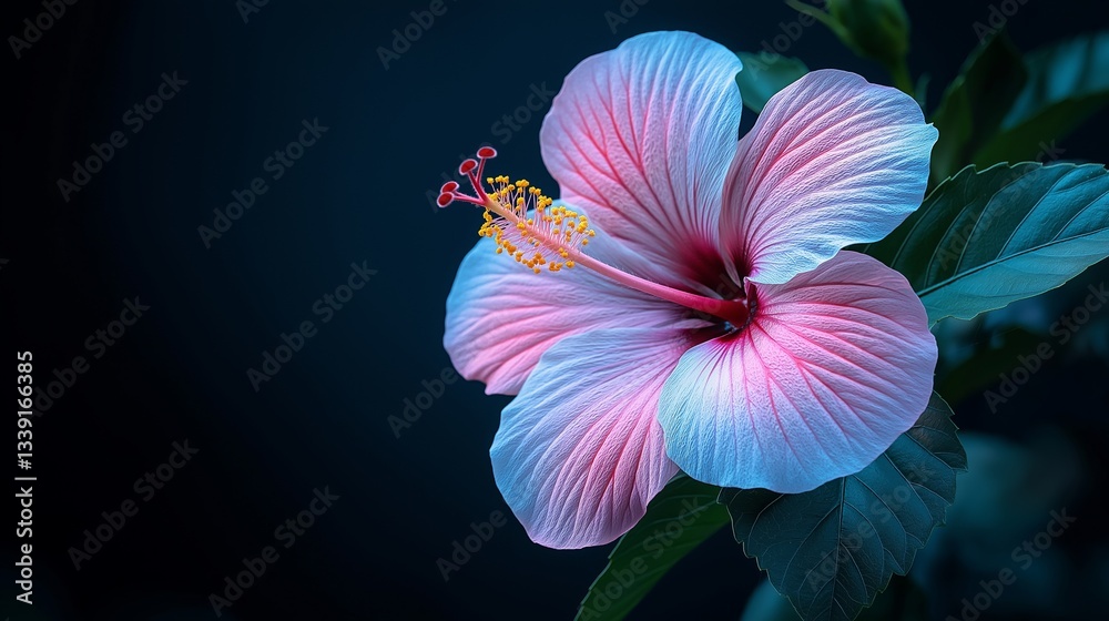 Fototapeta premium Close-up of vibrant hibiscus flower with blue center, yellow stamen, and dark green leaves. Concept: serene beauty of hibiscus flower highlighted against dark background.