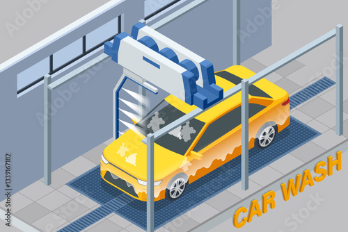 Isometric yellow car is inside an automatic car wash tunnel. Large rotating brushes and hanging strips clean the vehicle. The system is fully automated for convenience and efficiency.