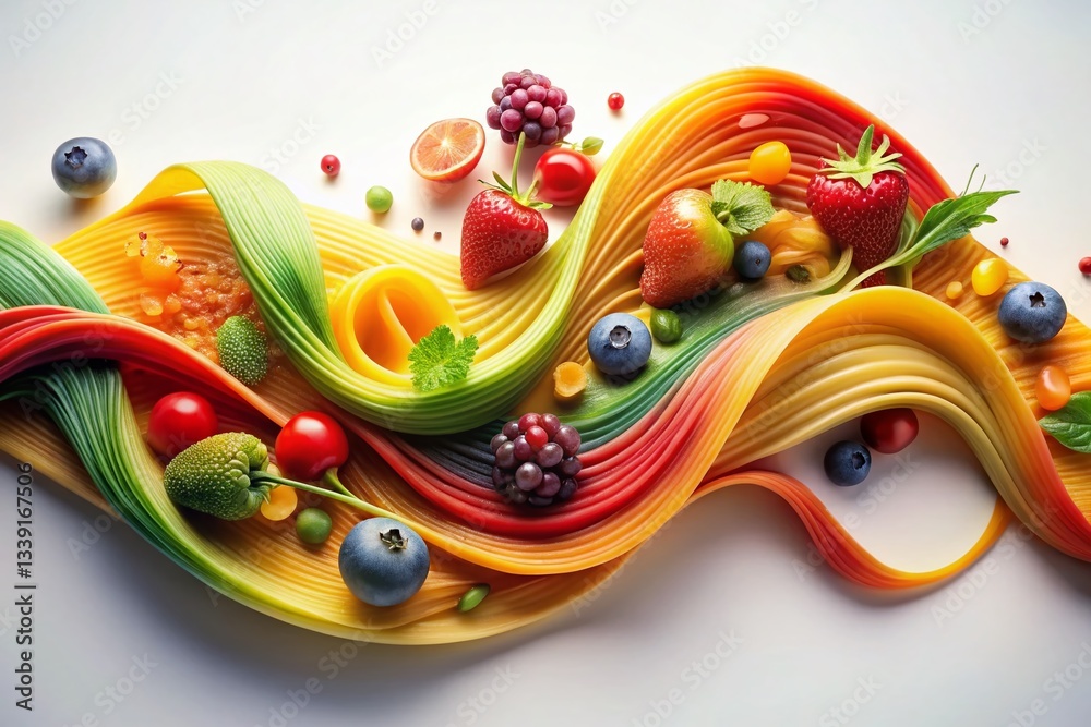 Fototapeta premium Abstract Food Photography: Woven Curves & Data Stream, High-Speed Tech Panorama