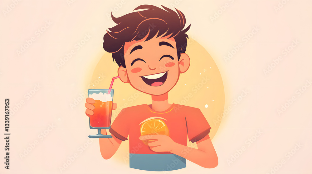 Cheerful Young Boy Enjoying a Refreshing Cocktail - Flat Vector Illustration Cheerful Young Boy Enjoying a Refreshing Cocktail - Flat Vector Illustration