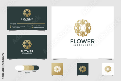Set Of Modern Business Card Designs With Golden Flower Logo