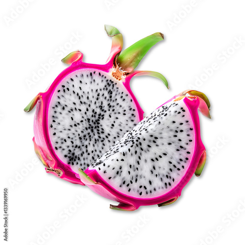 Fresh Sliced Dragon Fruit with White Pulp and Black Seeds