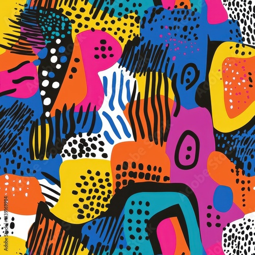 Vibrant trendy pattern with scattered doodle dots and geometric lines