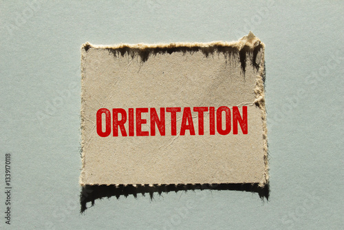 Orientation message written on ripped torn paper piece on gray background. Conceptual orientation symbol. Copy space.