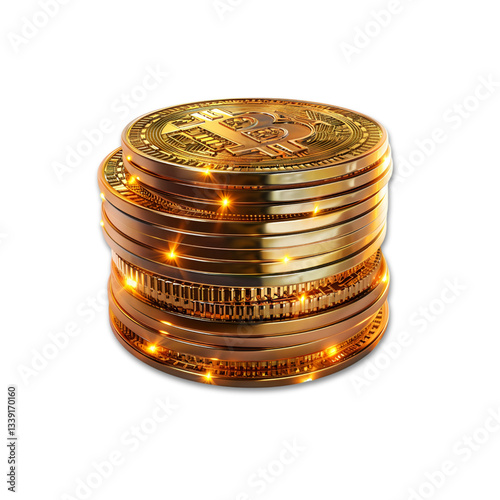 Shiny golden Bitcoin stack with glowing reflections