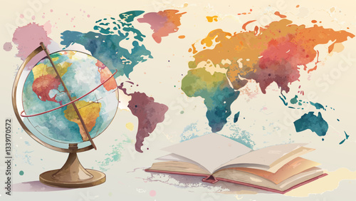 Watercolor world map background, vibrant and abstract representation of the globe, symbolizing global literacy and education with copy space  