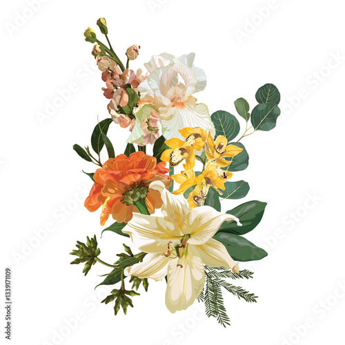 Yellow, orange zinnia, lily, orchids, fall garden flowers, eucalyptus, greenery vector design. Wedding spring summer floral bouquet.