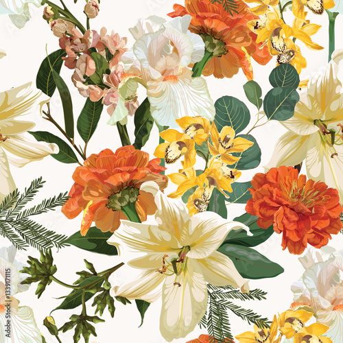 Seamless Pattern. Garden flowers. Magical lily, zinnia, iris flowers. Realistic vector image. Print for all types of surfaces. Trendy print.