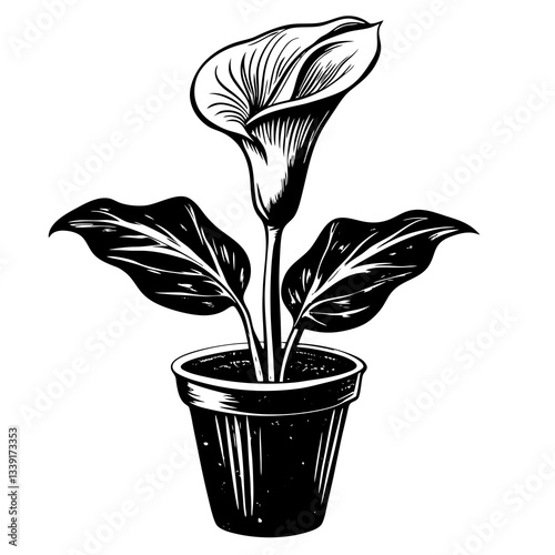 a striking illustration of a calla lily flower in a pot, rendered in a bold, graphic style. The plant is a striking focus, and with leaves add to the minimalist design. vector illustration