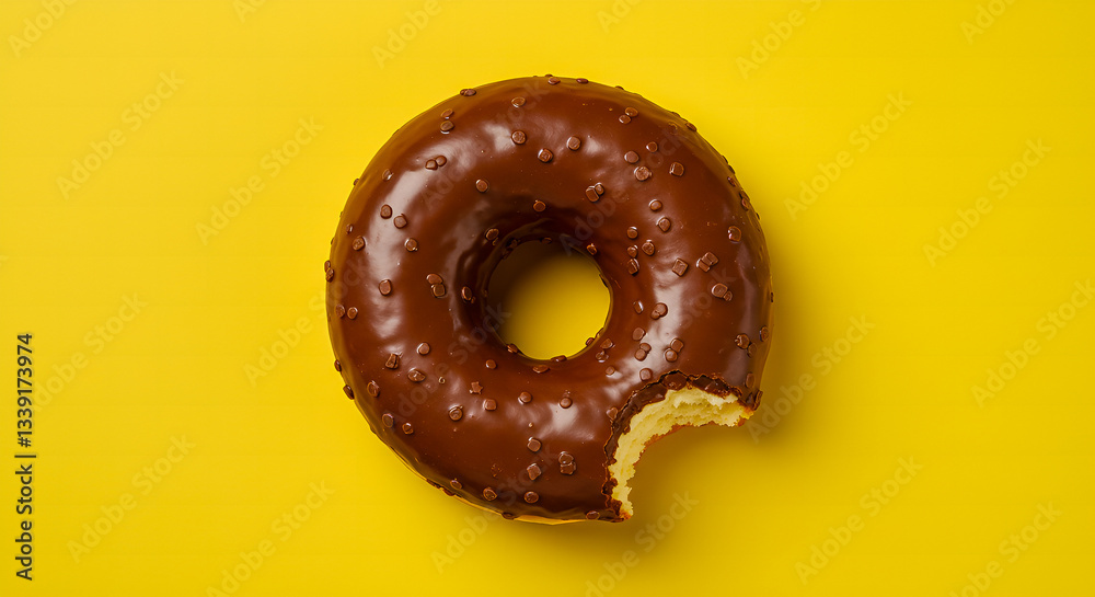 A bitten chocolate donut on a yellow background with a copy space. A bitten chocolate donut on a yellow background with a copy space.