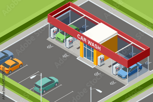 Isometric hand car wash station. High pressure washer. Self-service car wash.