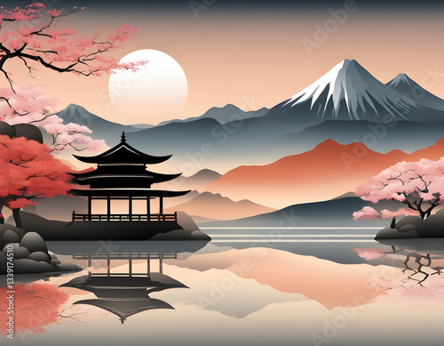 Beautiful japanese style landscape illustration background