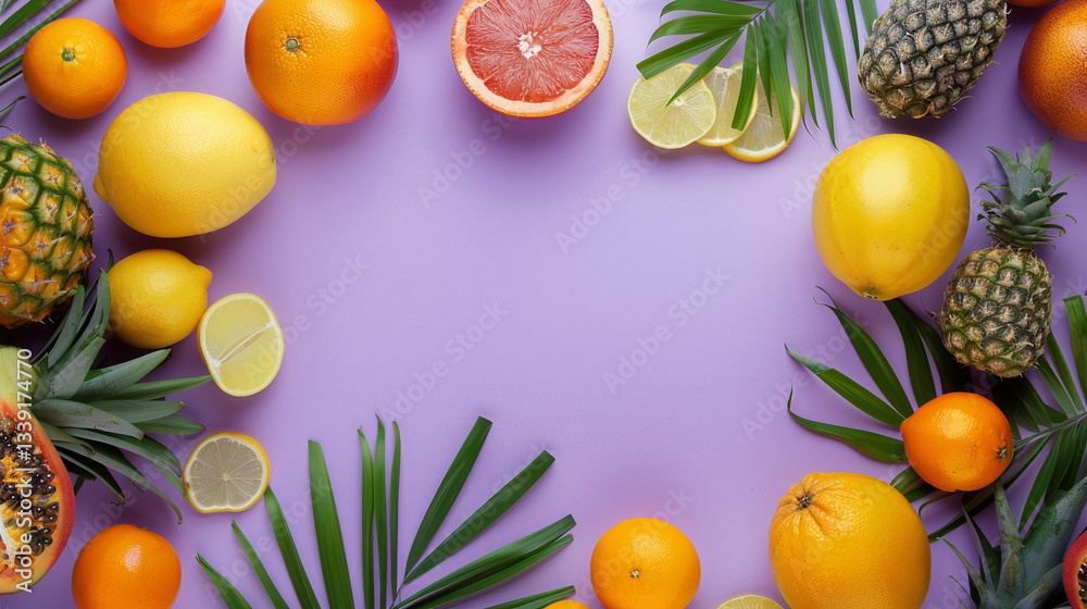 Frame of beautiful tropical fruit; isolated on lilac background stock image, hd quality, Frame of beautiful tropical fruit; isolated on lilac background stock image, hd quality,