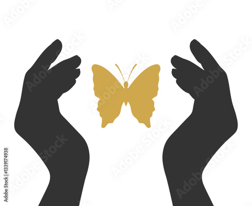 Silhouette of cupped human hands and butterfly. Butterfly and hands isolated on white background. Vector illustration