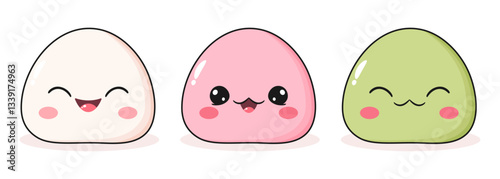 Cute mochi Daifuku icon set. Japanese sweet rice cake cartoon dessert icons. Vector illustration
