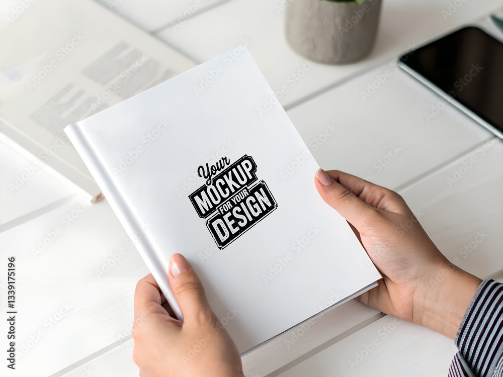 Mini magazine or book cover held by a hand clean mockup design 