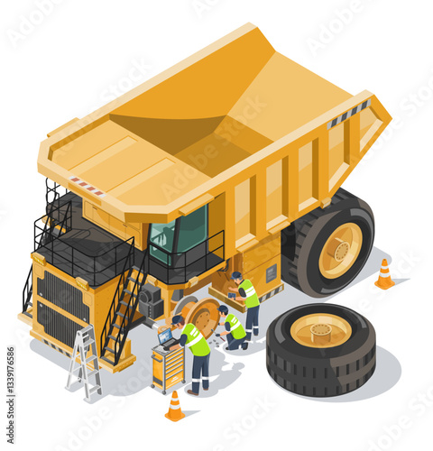 Isometric illustration of industrial workers performing engineer maintenance on a giant mining dump truck with tools and safety equipment