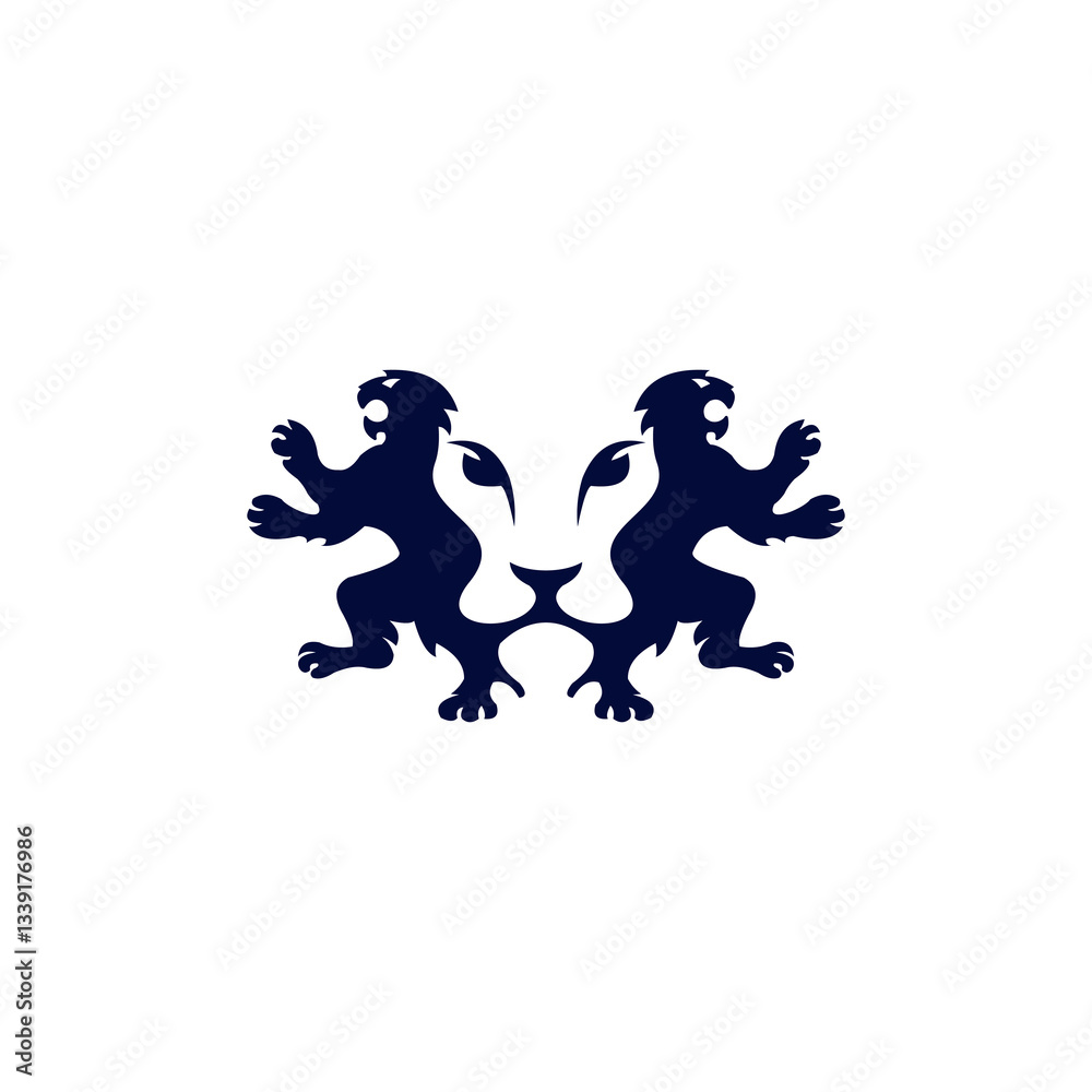 Symmetrical Dark Blue Lion Crest on White Background Symmetrical Dark Blue Lion Crest on White Background