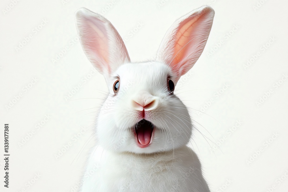 A surprised white rabbit in a bright studio setting, perfect for Easter promotions, pet-related content, or whimsical greeting cards. A surprised white rabbit in a bright studio setting, perfect for Easter promotions, pet-related content, or whimsical greeting cards.