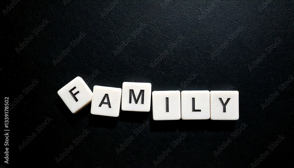 Obraz premium Family text word banner letter tiles on black background isolated modern simple aesthetics