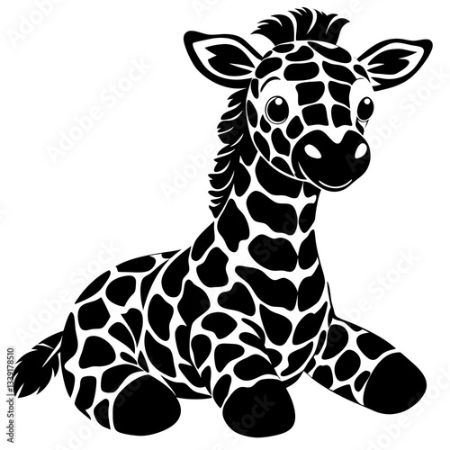 a cute cartoon giraffe sitting and looking. The giraffe has black and white spots