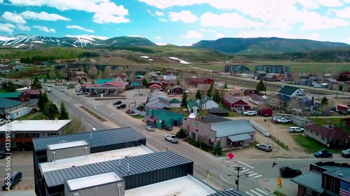 Ascending drone footage of the mountain statutory town of Fraser in Grand County, Colorado, USA