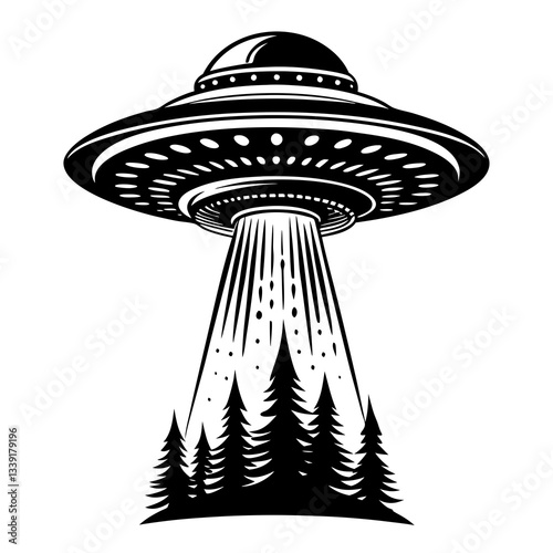 a UFO emitting a beam of light over a forest, rendered in a bold black and white style