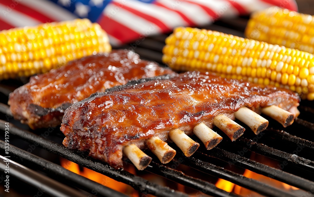 Close-up of grilled ribs and corn on the barbecue grill, symbolizing a Memorial Day gathering with an American flag in the background. Close-up of grilled ribs and corn on the barbecue grill, symbolizing a Memorial Day gathering with an American flag in the background.