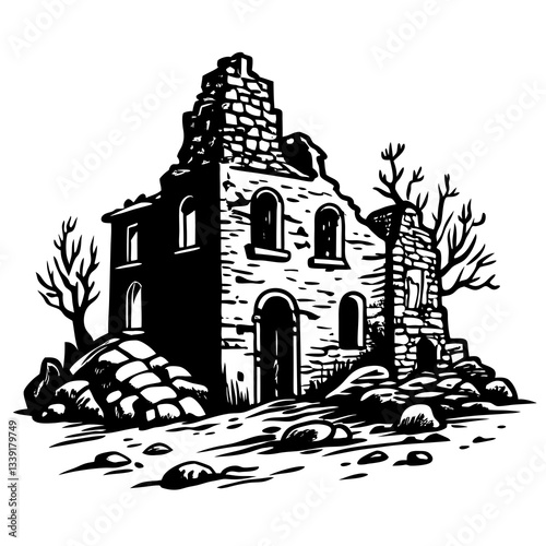 a detailed black and white drawing of an old ruined building, evoking a sense of history and decay, with visible bricks, stones, and arches