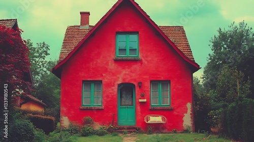 Wallpaper Mural Vibrant red house with green trim. Torontodigital.ca