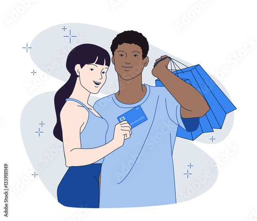 A happy couple enjoying shopping, holding a credit card and multiple shopping bags. Minimalistic modern style with a light background. Concept of online payments and consumerism. Vector illustration