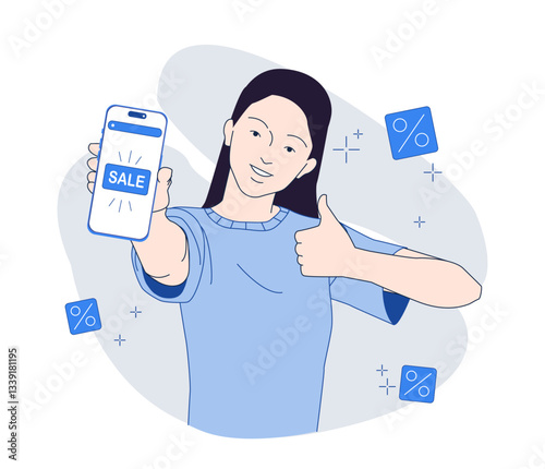 A smiling woman holds a smartphone displaying a SALE sign while giving a thumbs-up. Floating percentage icons symbolize discounts. Modern line art style on a light background. Vector illustration