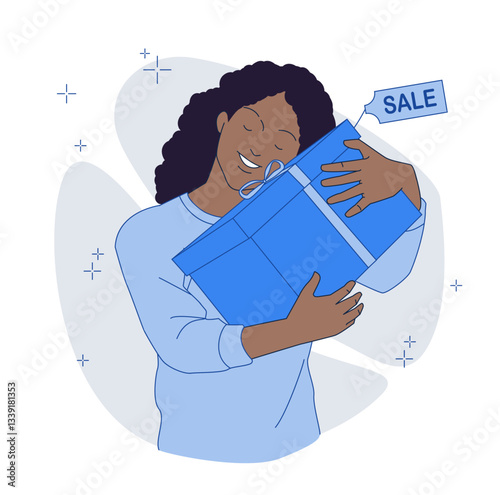 A happy woman hugging a large blue gift box with a sale tag, smiling with joy. Minimalist style on a white background. Concept of shopping and discounts. Vector illustration