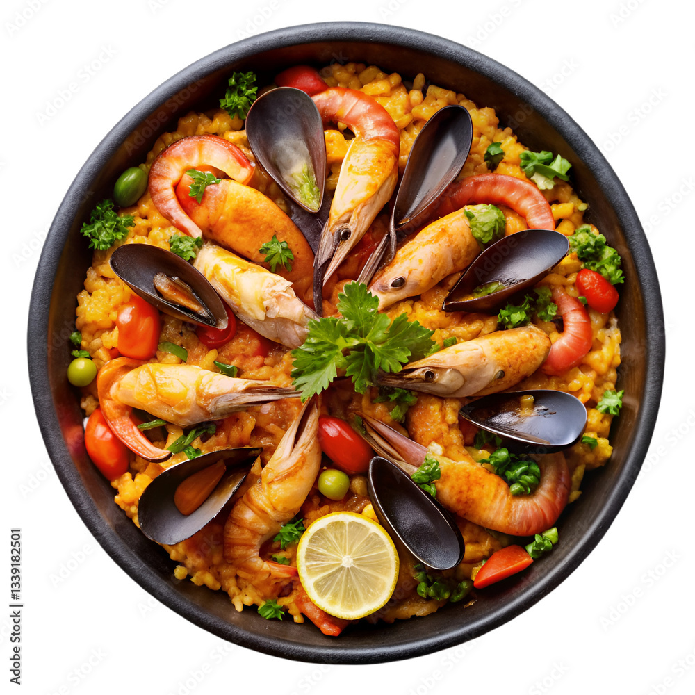 Seafood paella isolated on transparent background Seafood paella isolated on transparent background