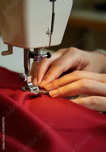 Close-up of hands sewing fabric with a sewing machine