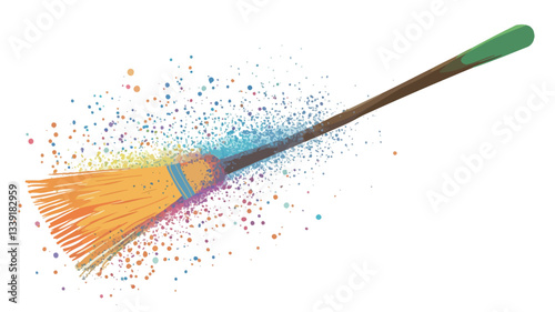 A digital illustration of a broom with a long brown wooden handle and yellow-orange bristles.  The bristles are depicted with a slight blur or motion effect, emanating colorful sparkles of various