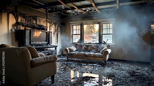 Burned-out living room with smoke damage, ruined furniture, and destruction from a house fire.
