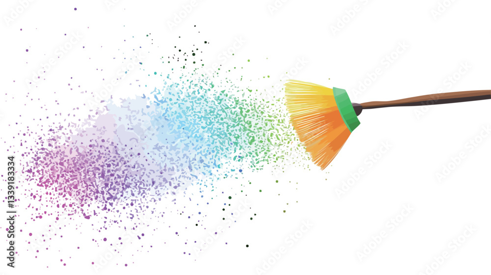 Close-up shot of a small brush with an orange and yellow head and a brown wooden handle against a white background. The brush appears to be dispersing or removing small, multicolored particles