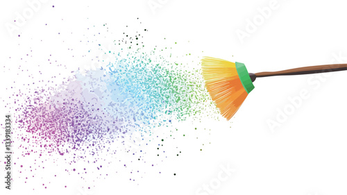 Close-up shot of a small brush with an orange and yellow head and a brown wooden handle against a white background. The brush appears to be dispersing or removing small, multicolored particles