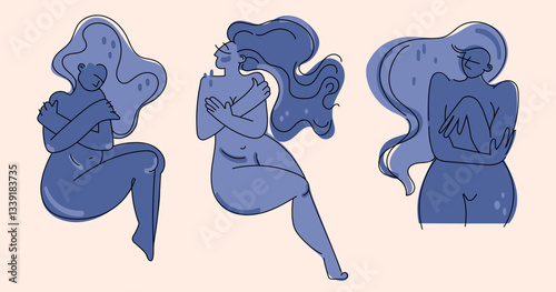 Stylized abstract women figures embracing themselves, symbolizing self-love, confidence, and body positivity, contemporary style. mental health, feminism, empowerment,modern art projects.Vector